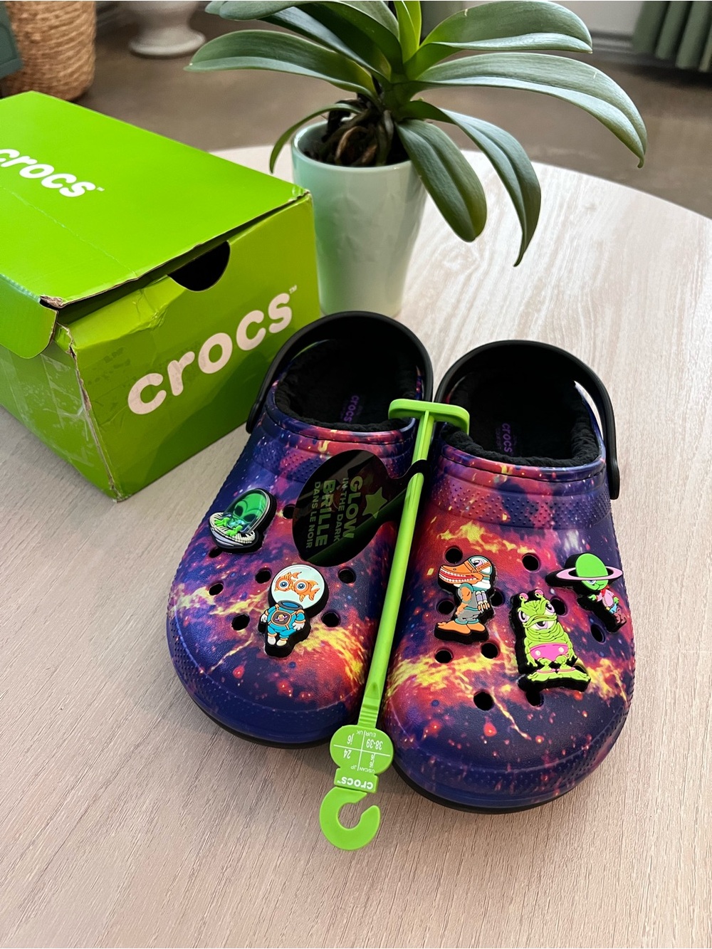 CROCS Kids Galaxy Print Clogs with Space Jibbitz - Purple/Black/Orange Size J6